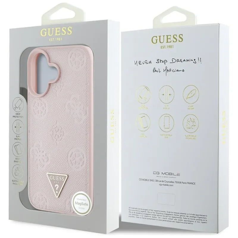 Guess Grained Hot Stamp Peony Triangle Logo MagSafe - „iPhone 16“ dėklas (rožinis)