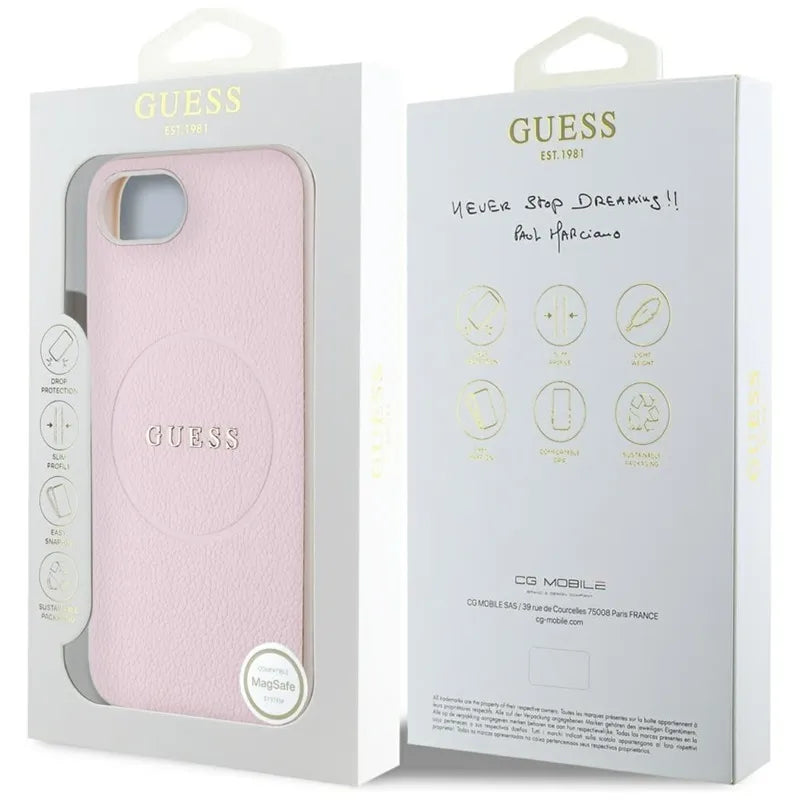 Guess Grained Ring MagSafe – dėklas, skirtas iPhone 16e (rožinis)