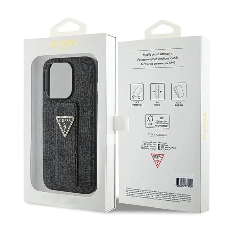 Guess Grip Stand 4G Triangle Strass Logo – iPhone 15 Pro dėklas (juodas)