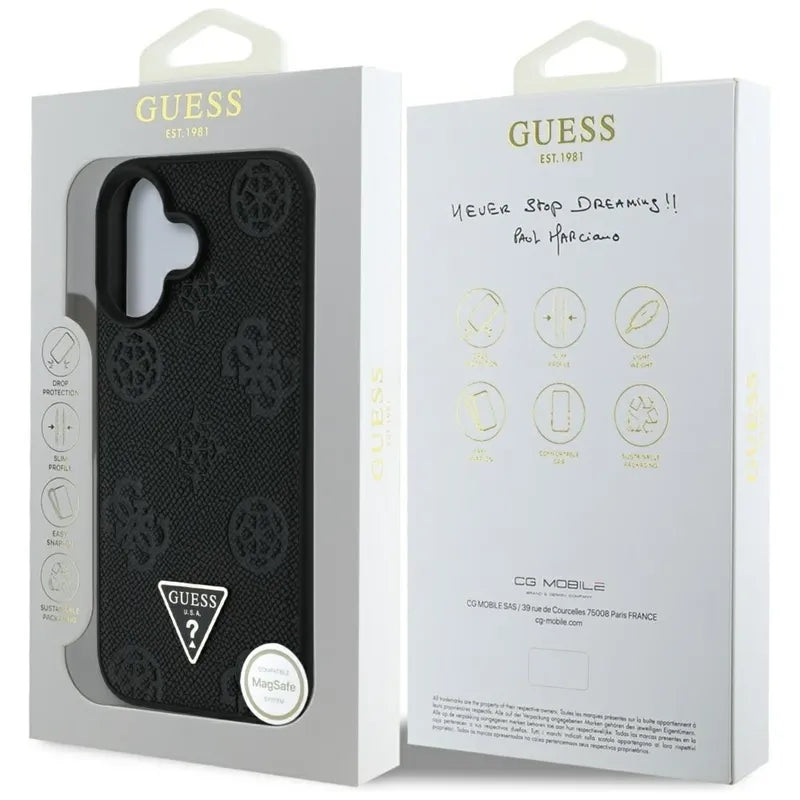 Guess Grūdėtas karštas antspaudas bijūnų trikampio logotipas MagSafe – dėklas iPhone 16 (juodas)