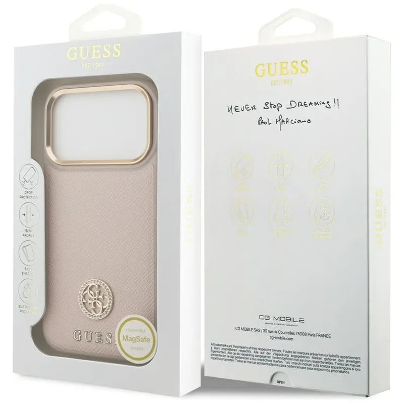 Guess Grūdėtas Strass Logotipas MagSafe dėklas iPhone 17 Pro (rožinis)