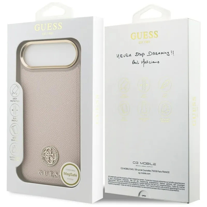 Guess Grūdėto kalnų krištolo logotipas MagSafe dėklas iPhone Air (rožinis)