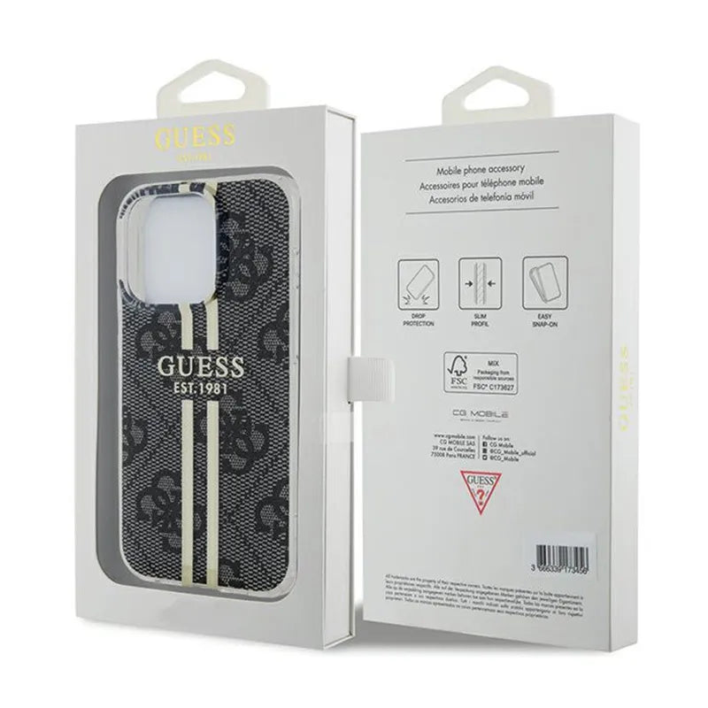 Guess IML 4G Gold Stripe – dėklas iPhone 15 Pro (juodas)