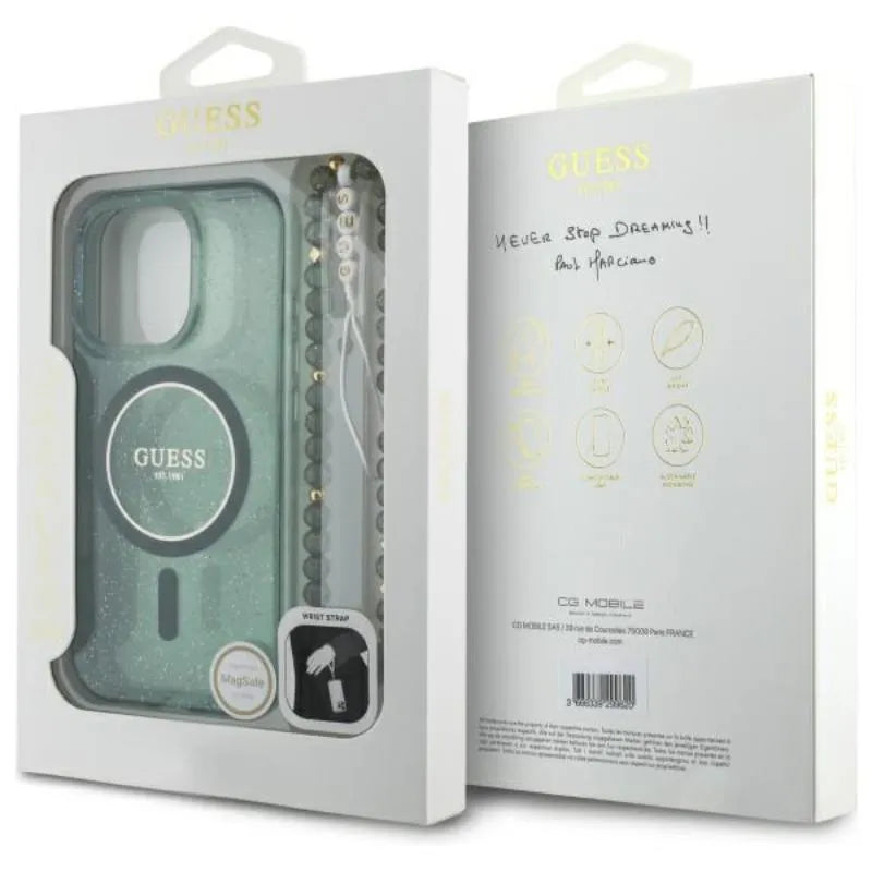 Guess IML blizgučiai su perlo dirželiu MagSafe – dėklas iPhone 16 Pro Max (žalia)