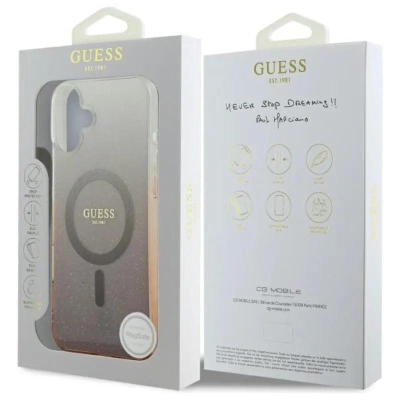 Guess IML Blizgučių gradientas MagSafe – dėklas, skirtas „iPhone 16 Plus“ (rudas)