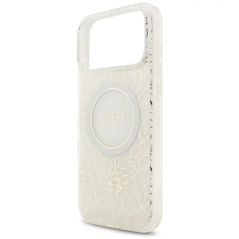 Guess IML Flowers Electro Pearl Strap MagSafe - Dėklas iPhone 17 Pro Max (baltas)