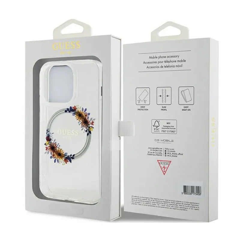 Guess IML Flowers Wreath MagSafe – dėklas, skirtas iPhone 15 Pro Max (skaidrus)