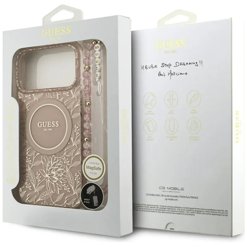 Guess IML Gėlės Elektrinė Perlų Rankenėlė MagSafe dėklas iPhone 17 Pro Max (rožinė)