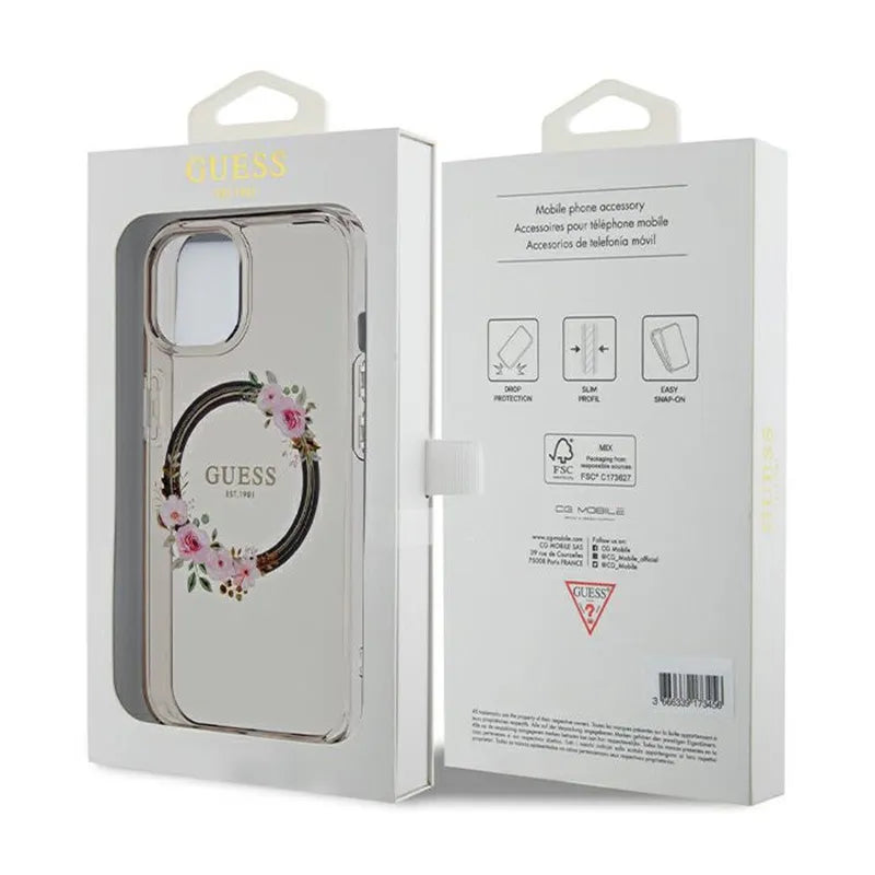 Guess IML Gėlių vainikas MagSafe – dėklas iPhone 15 (juodas)