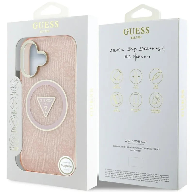 Guess IML Metal Glitter 4G apskritimas trikampis MagSafe – dėklas, skirtas „iPhone 16“ (rožinis)