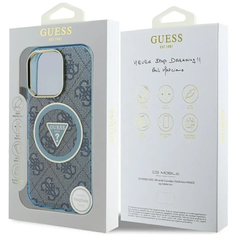 Guess IML Metal Glitter 4G Apskritimo Trikampio MagSafe – dėklas, skirtas iPhone 16 Pro (mėlynas)
