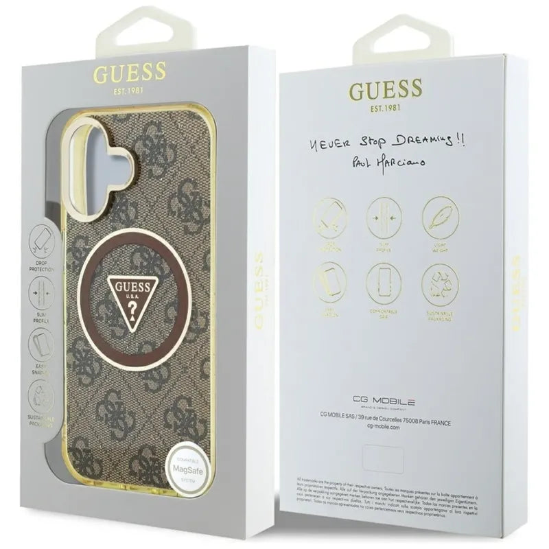Guess IML Metal Glitter 4G Circle Triangle MagSafe – dėklas, skirtas „iPhone 16“ (rudos spalvos)