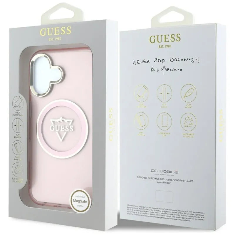 Guess IML Metal Mountain Logo MagSafe – dėklas skirtas iPhone 16 (rožinis)