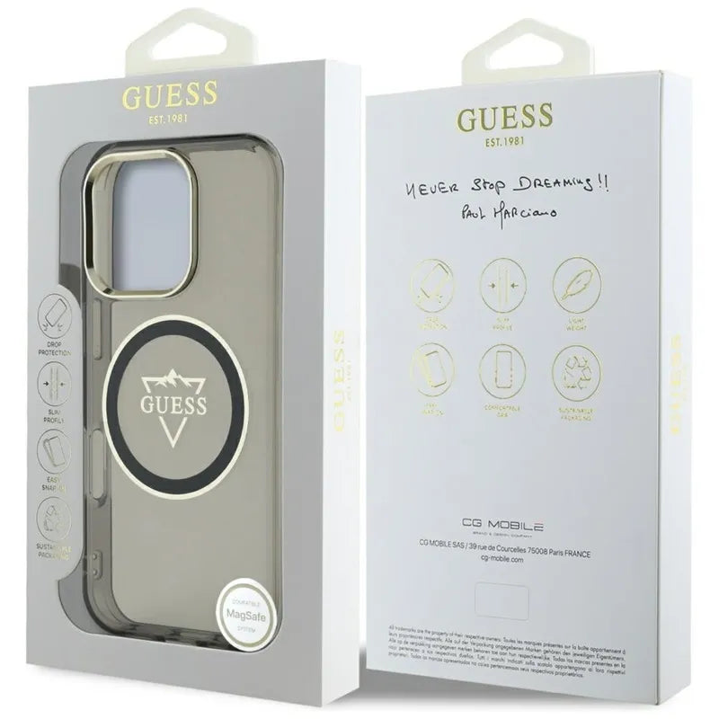 Guess IML metalinis kalnų logotipo dėklas su MagSafe, skirtas „iPhone 16 Pro Max“ (juodas)