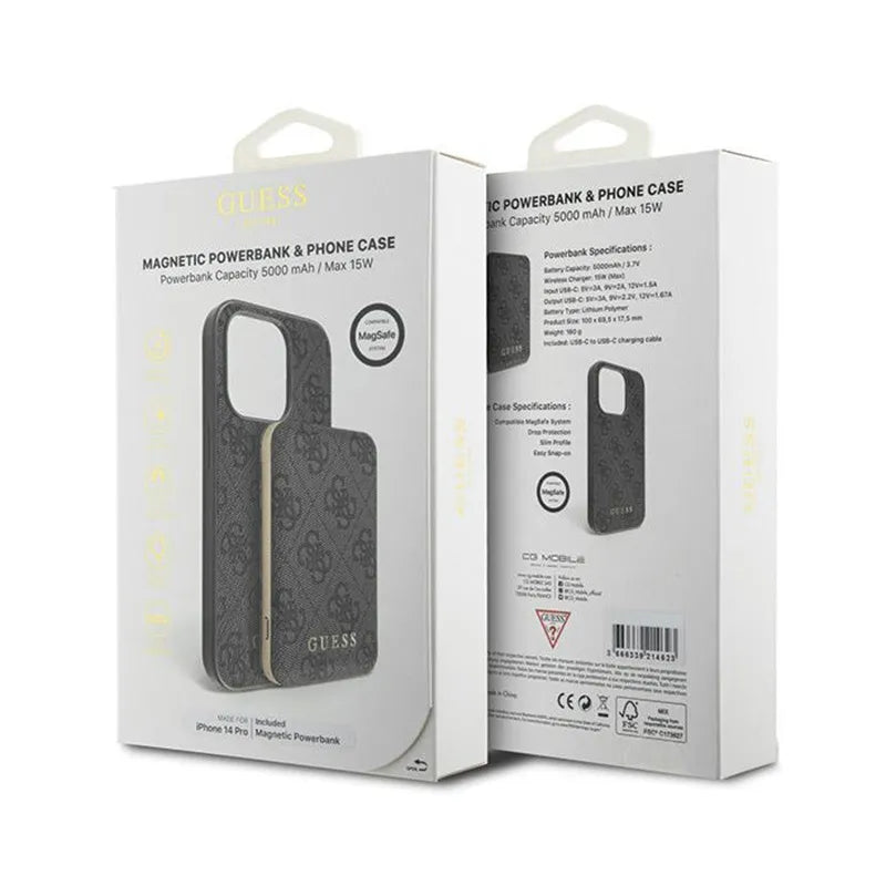 Guess komplektas „MagSafe 4G Metal Gold Logo“ – dėklas + išorinė baterija 5000 mAh MagSafe iPhone 14 Pro (juodas)