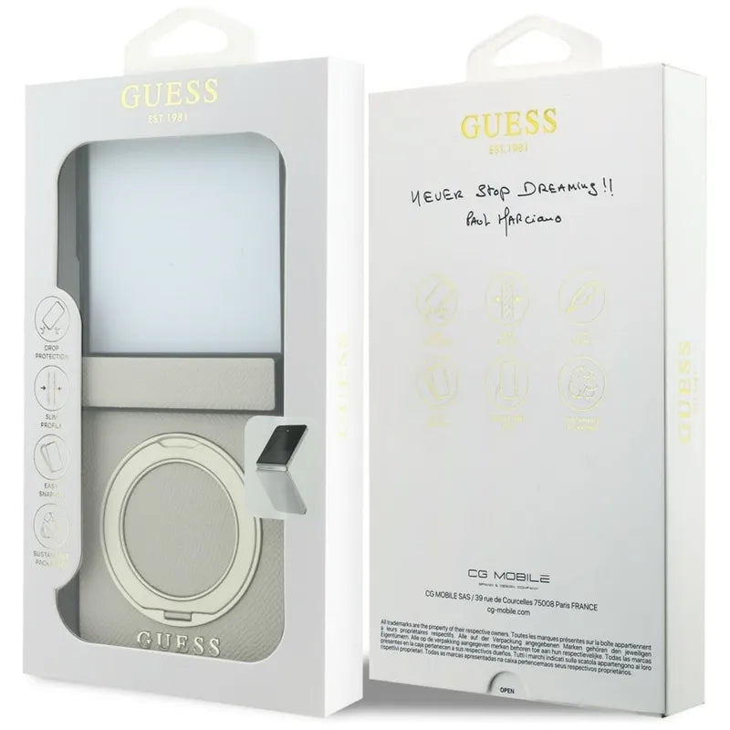 Guess Magnetic Ring Stand Grained Classic Logo MagSafe – dėklas Samsung Galaxy Z Flip 8 (smėlio spalvos)