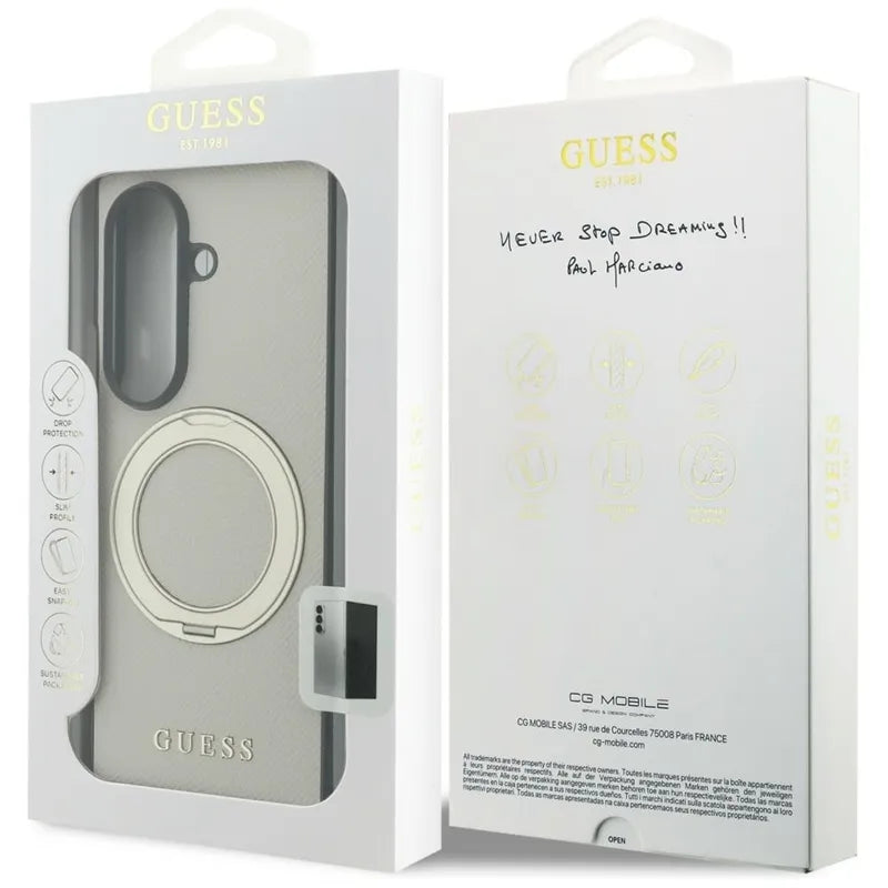 Guess Magnetic Ring Stand Grained Classic Logo MagSafe – dėklas Samsung Galaxy Z Fold 8 Ultra (smėlio spalvos)