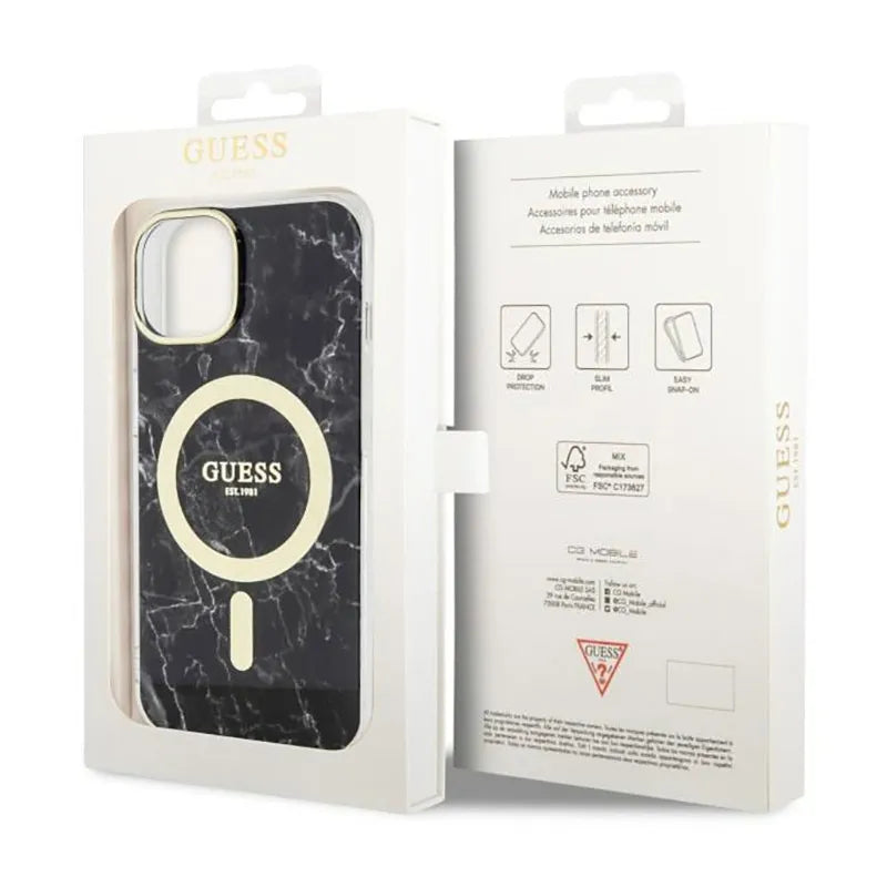 Guess Marble MagSafe – dėklas „iPhone 14 Plus“ (juodas)