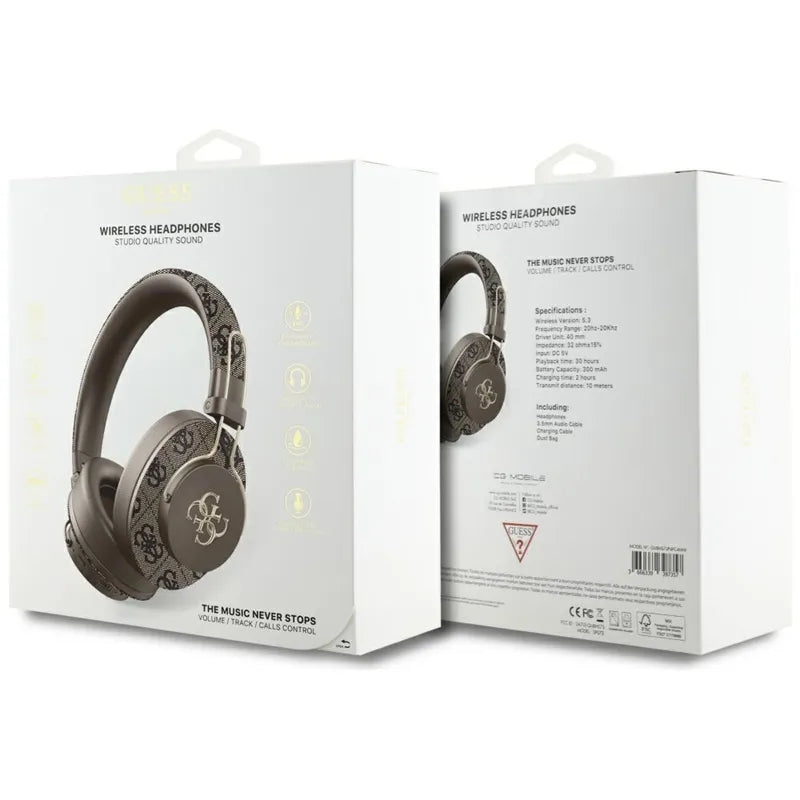 Guess Metal 4G Logo – Belaidės „Bluetooth“ ausinės per ausis ENC (ruda)