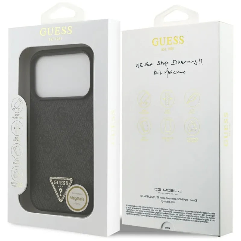 Guess Odos 4G Trikampis Štrasas MagSafe Dėklas iPhone 17 Pro (Juodas)