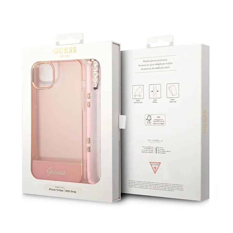 Guess Permatomas perlinis dirželis – dėklas iPhone 14 Plus (rožinis)