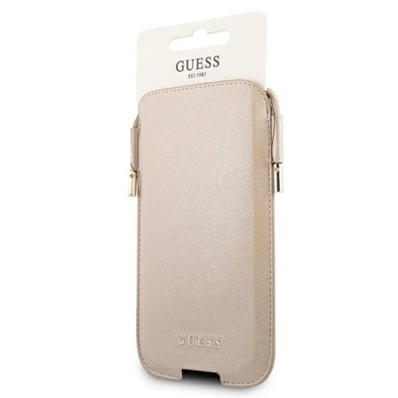 Guess Saffiano dėklas – telefono dėklas S / M maks. 6.1 colio (auksinis)