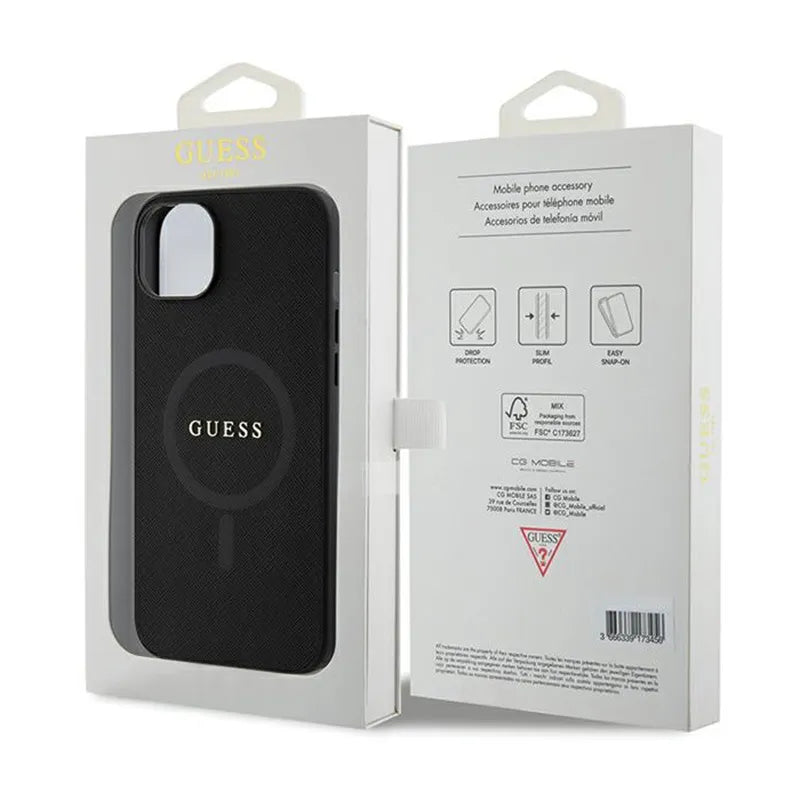Guess Saffiano MagSafe – iPhone 15 Plus dėklas (juodas)