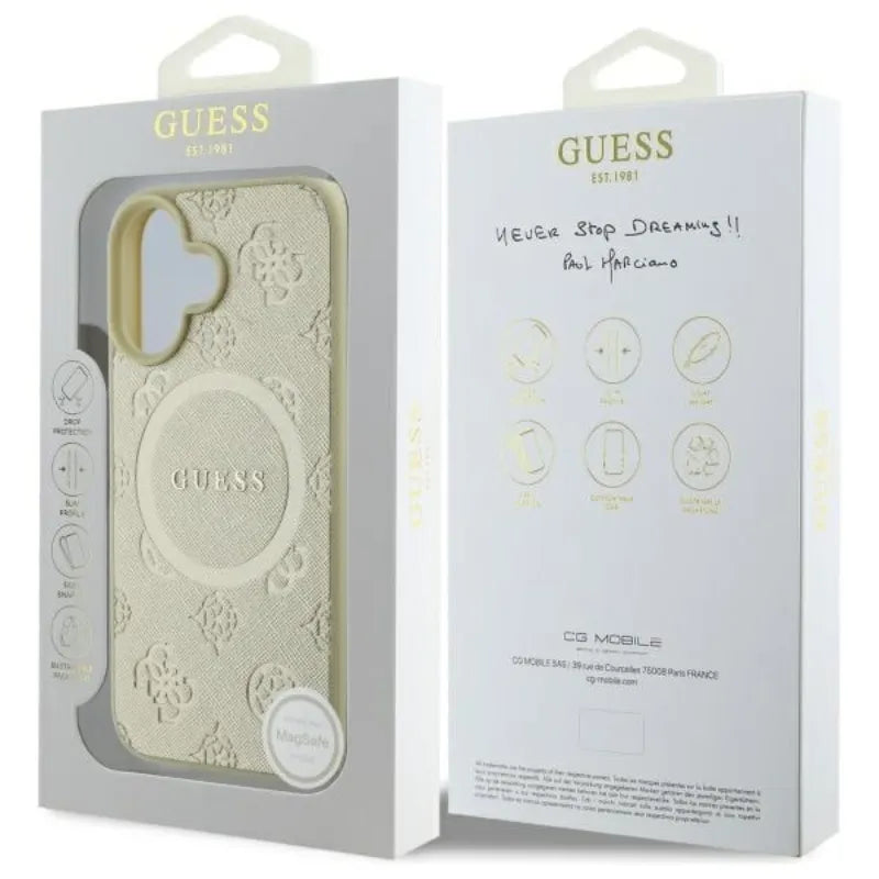 Guess Saffiano Peony Classic Logo MagSafe - dėklas skirtas iPhone 16 (auksinis)