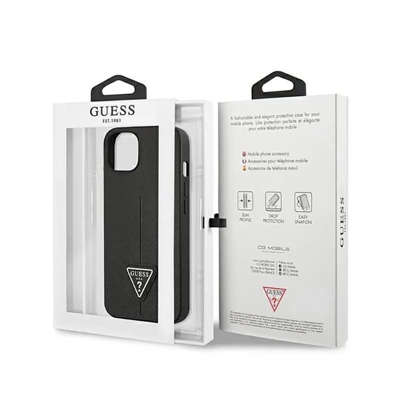 Guess Saffiano Triangle Logo dėklas - dėklas iPhone 14 Plus (juodas)
