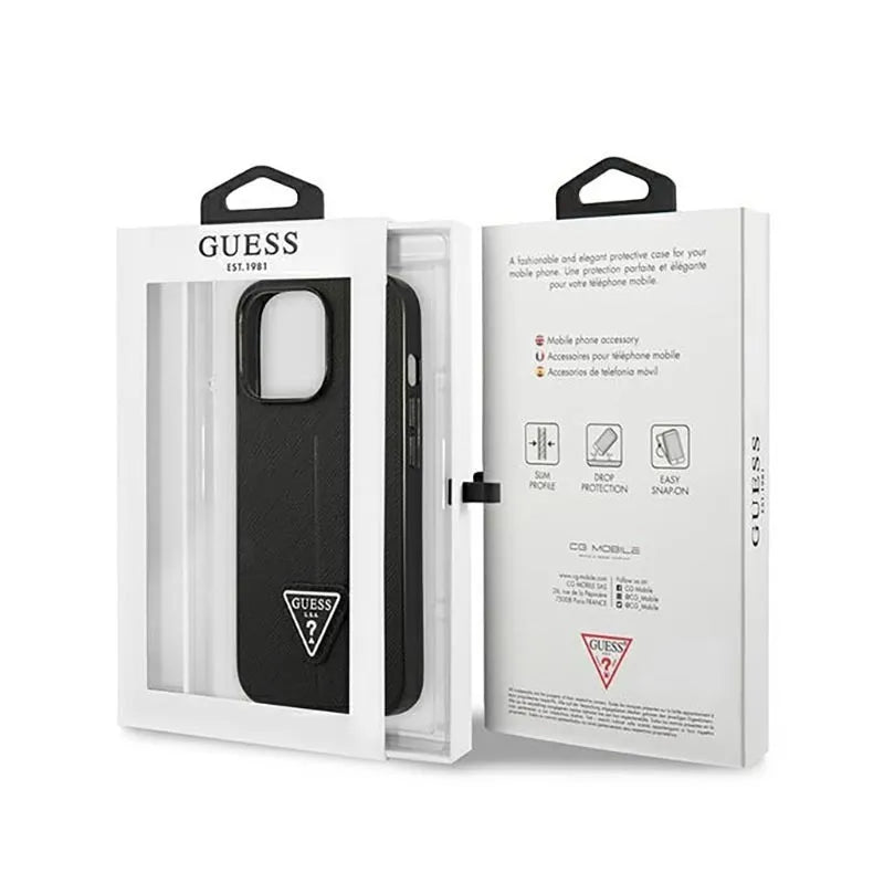 Guess Saffiano trikampio logotipo dėklas – dėklas, skirtas „iPhone 14 Pro“ (juodas)