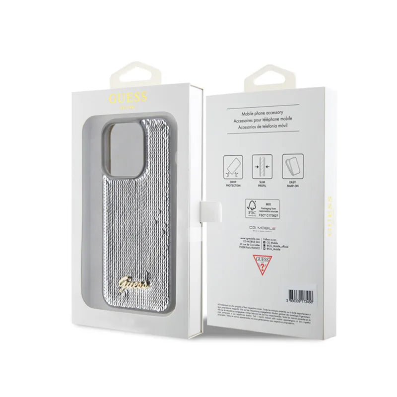 Guess Sequin Script Metal – dėklas iPhone 15 Pro (sidabras)