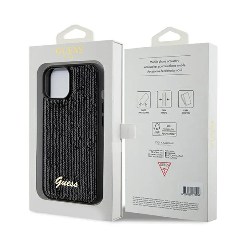 Guess Sequin Script Metal – dėklas, skirtas iPhone 14 (juodas)