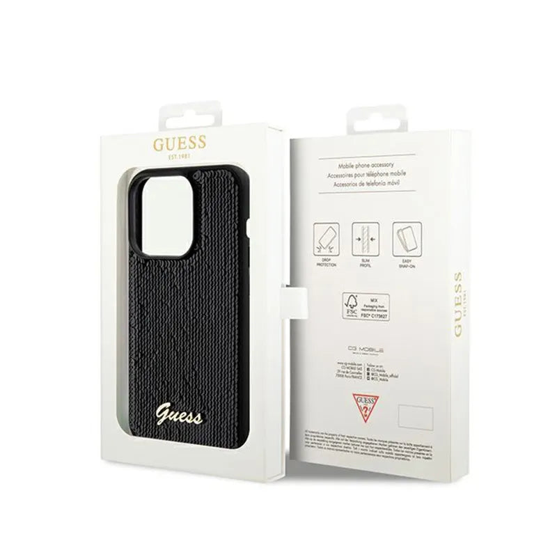 Guess Sequin Script Metal - „iPhone 14 Pro Max“ dėklas (juodas)