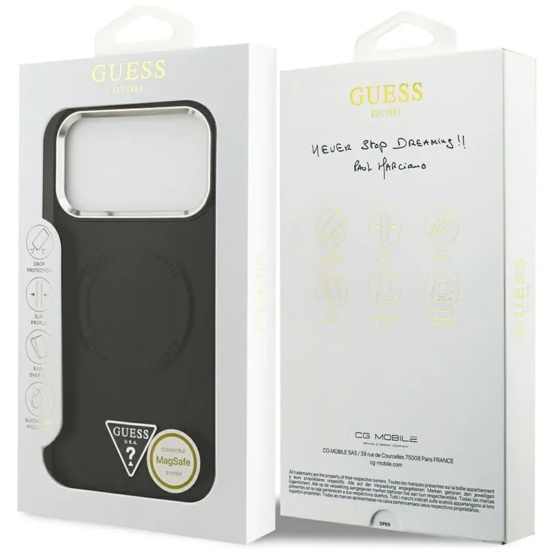 Guess Trikampio logotipo MagSafe dėklas iPhone 17 Pro Max (Juodas)