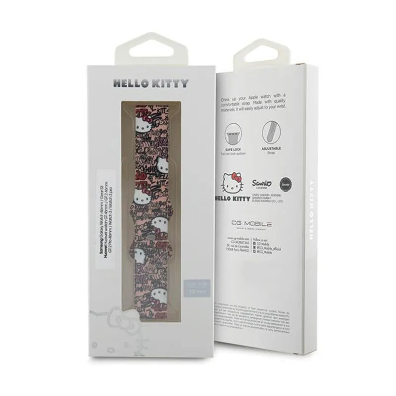 Hello Kitty silikoninės etiketės „Graffiti“ – universalus 22 mm išmaniojo laikrodžio dirželis (rožinis)
