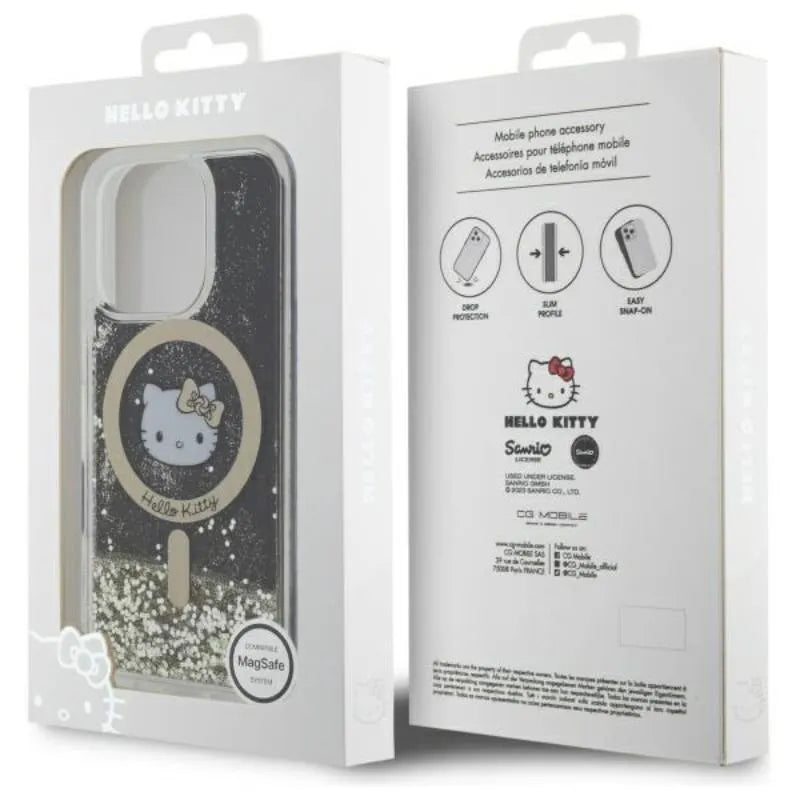 Hello Kitty skystantis blizgučių karštligė MagSafe – dėklas, skirtas iPhone 16 Pro (juoda/auksinė)