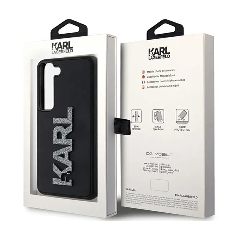 Karl Lagerfeld 3D guminis blizgučio logotipas – „Samsung Galaxy S23+“ dėklas (juodas)