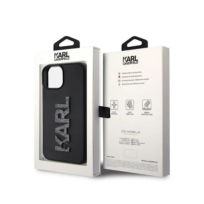 Karl Lagerfeld 3D guminis blizgučių logotipas – dėklas, skirtas iPhone 15 (juodas)