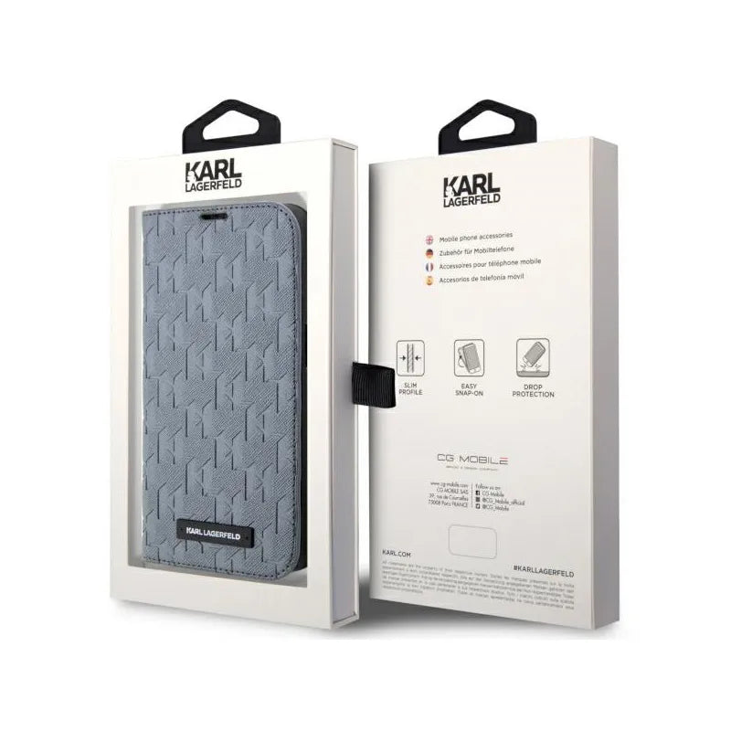 Karl Lagerfeld Booktype Saffiano Monogram – dėklas, skirtas iPhone 14 (pilkas)