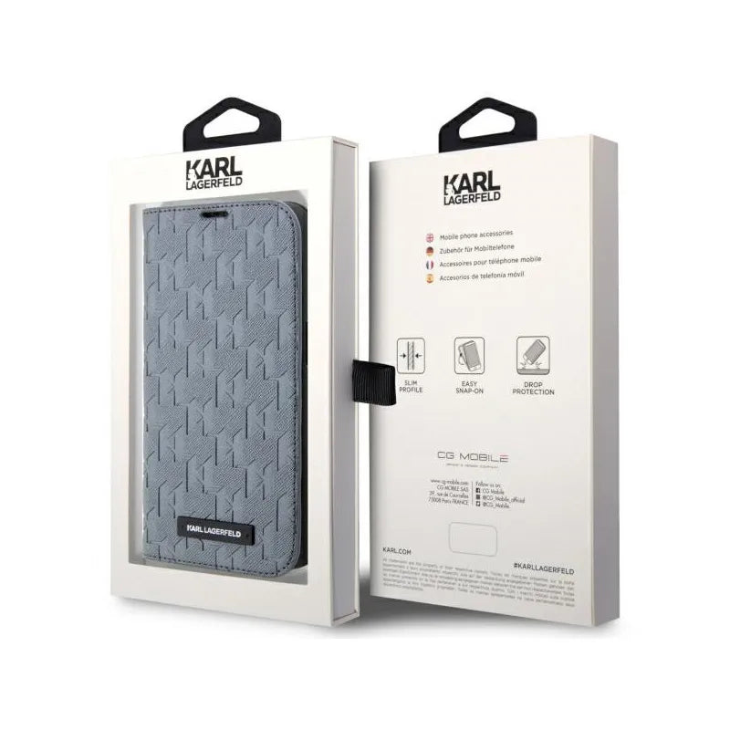 Karl Lagerfeld Booktype Saffiano Monogram - dėklas, skirtas iPhone 14 Pro (pilkas)