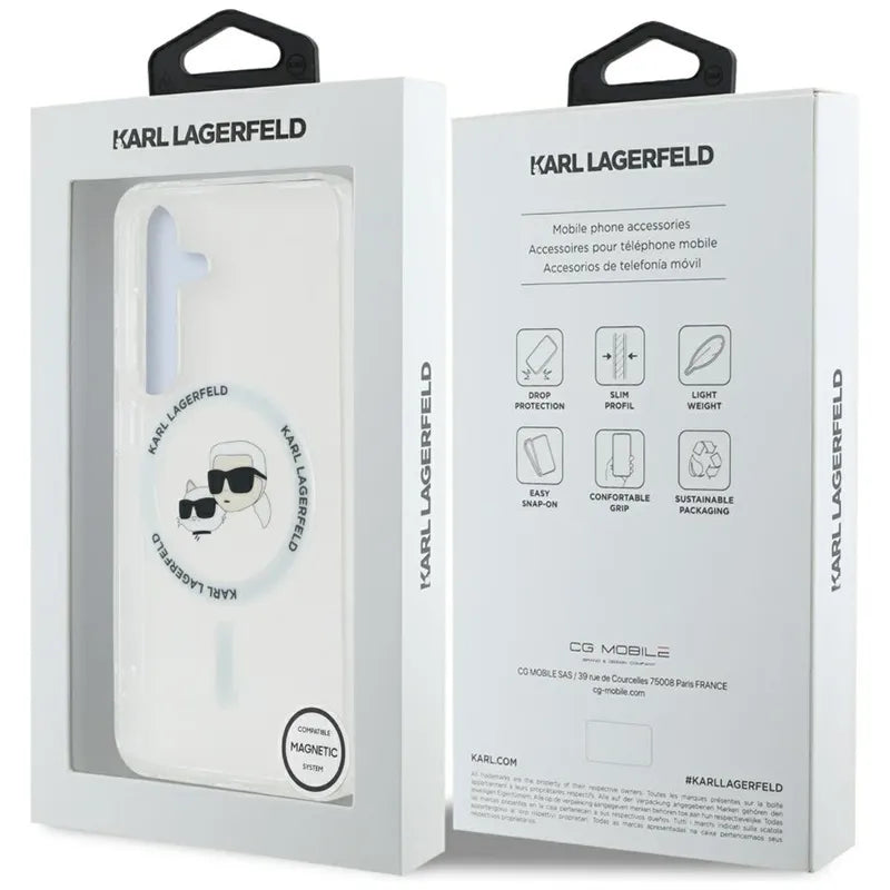 Karl Lagerfeld Button Karl & Choupette galvučių atspausdintas logotipas MagSafe – dėklas, skirtas „Samsung Galaxy S25“ (baltas)