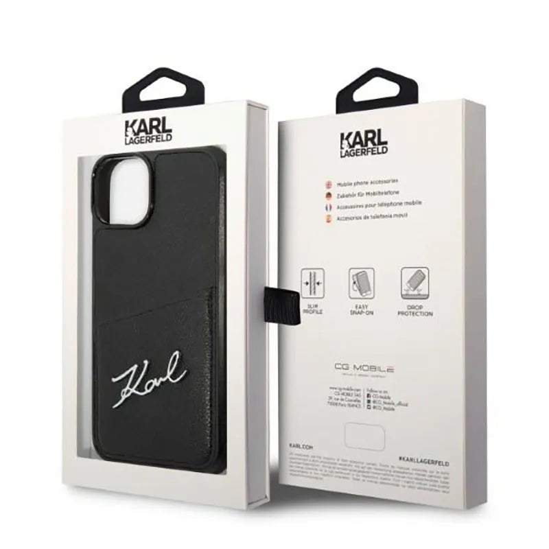 Karl Lagerfeld Dėklas su parašo logotipu ir kortelių lizdu, skirtas iPhone 14 Plus (Juodas)