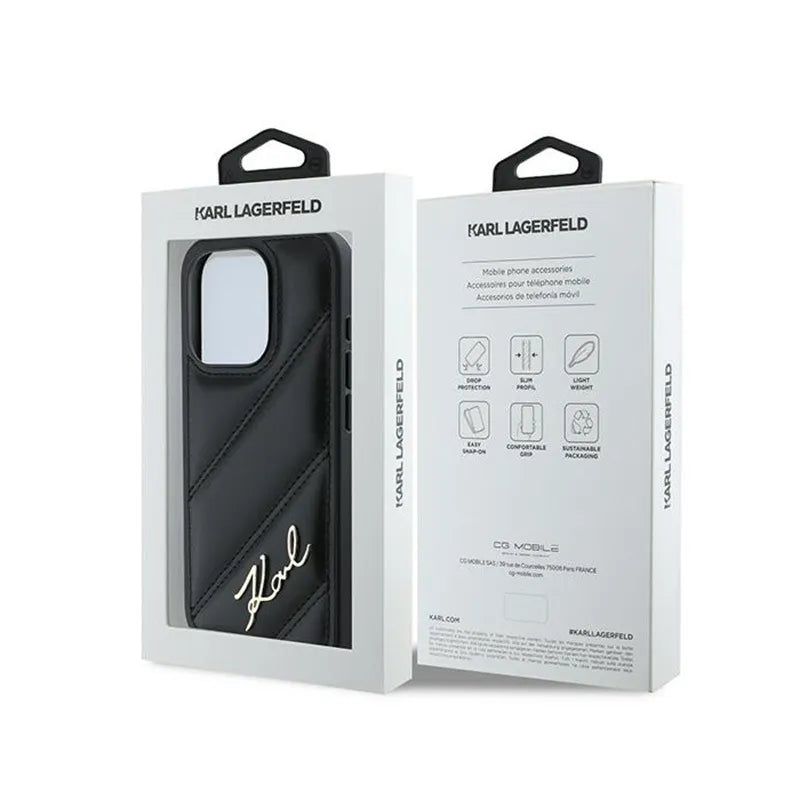 Karl Lagerfeld Diagonal Quilted Script – dėklas iPhone 15 Pro (juodas)