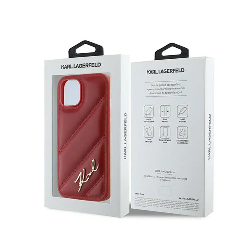 Karl Lagerfeld Diagonal Quilted Script – dėklas, skirtas iPhone 15 / 14 / 13 (raudonas)