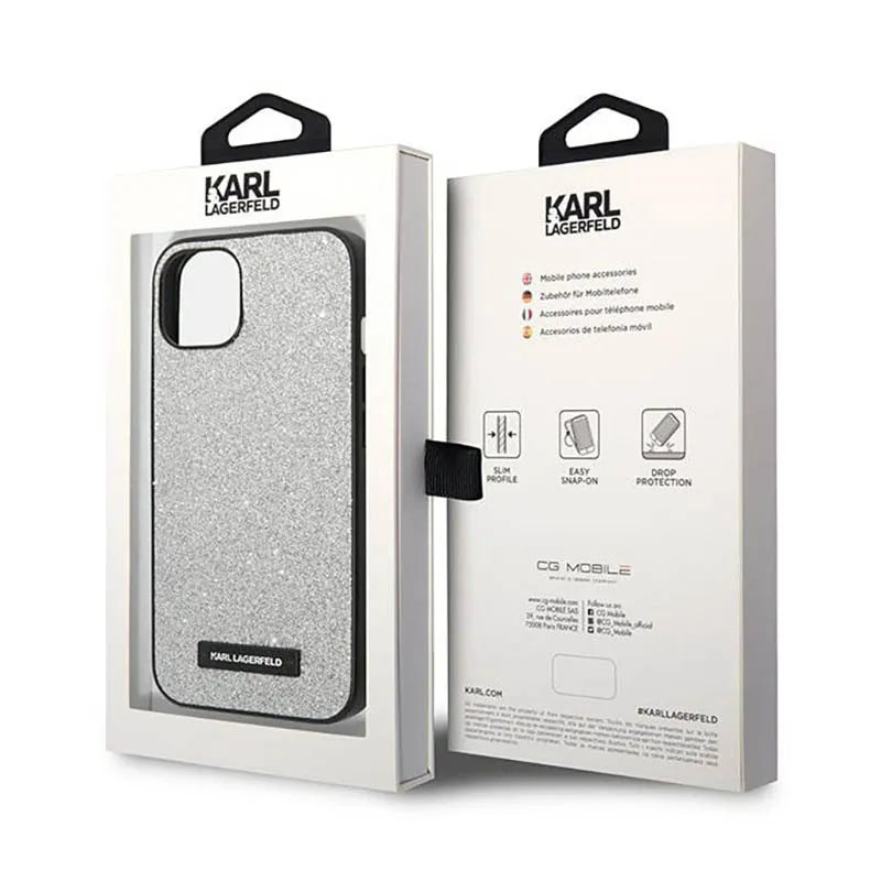 Karl Lagerfeld Glitter Plaque Logo – dėklas, skirtas iPhone 14 Plus (sidabrinis)