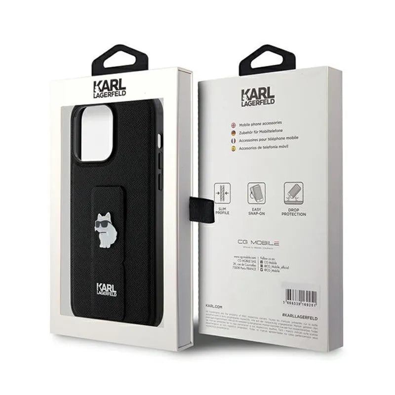 Karl Lagerfeld Gripstand Saffiano Choupette Pins – iPhone 13 Pro Max dėklas (juodas)