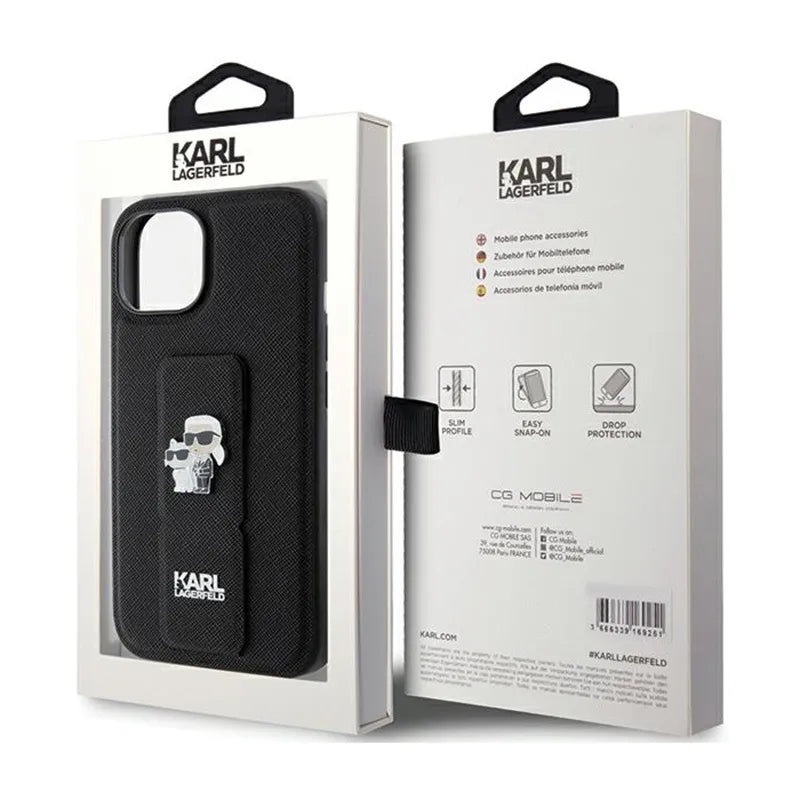 Karl Lagerfeld Gripstand Saffiano Karl & Choupette Pins – „iPhone 15 Plus“ dėklas (juodas)
