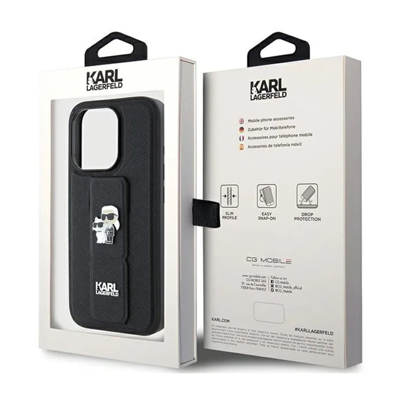 Karl Lagerfeld Gripstand Saffiano Karl & Choupette Pins - iPhone 15 Pro dėklas (juodas)