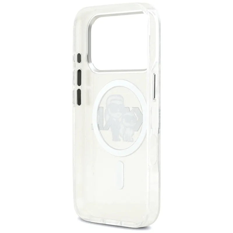 Karl Lagerfeld IML Blizgučiai Karl & Choupette eskizo logotipas MagSafe dėklas iPhone 17 Pro (permatomas)