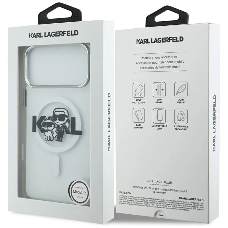 Karl Lagerfeld IML Blizgučiai Karl & Choupette eskizo logotipas MagSafe - Dėklas, skirtas iPhone 17 Pro Max (skaidrus)